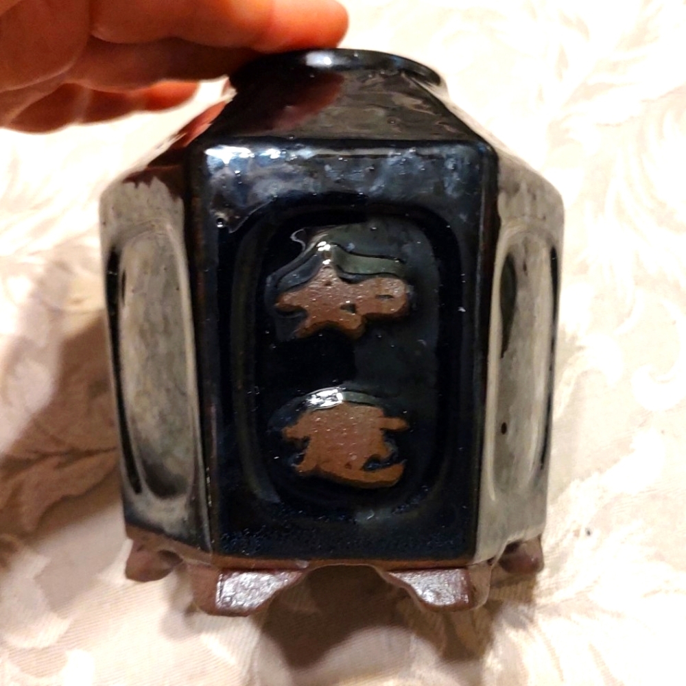 ▪️⛩️▪️Vintage Asian Oriental Black Glazed Terra Cotta Bamboo Planter